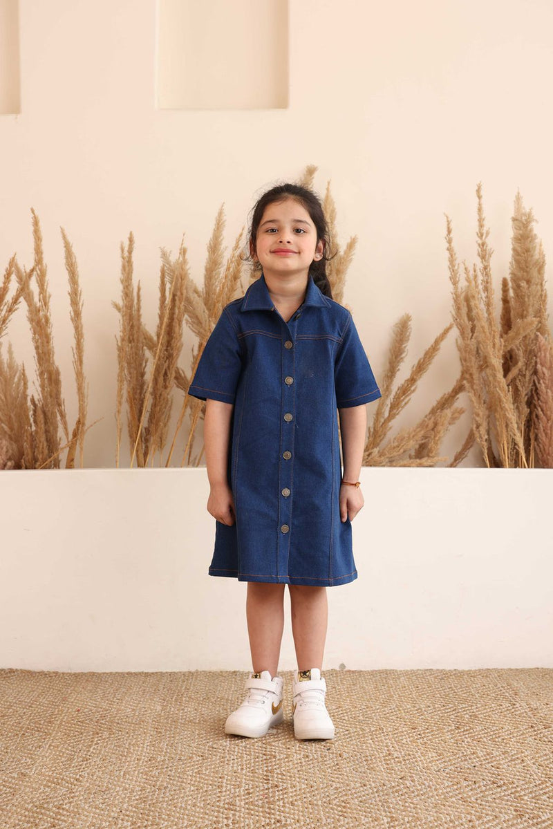Spunkies Blue Denim Square Neck Short Sleeves Shirt Dress