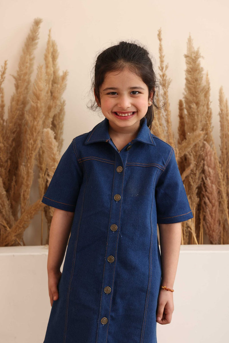 Spunkies Blue Denim Square Neck Short Sleeves Shirt Dress