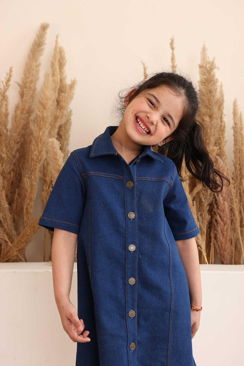 Spunkies Blue Denim Square Neck Short Sleeves Shirt Dress