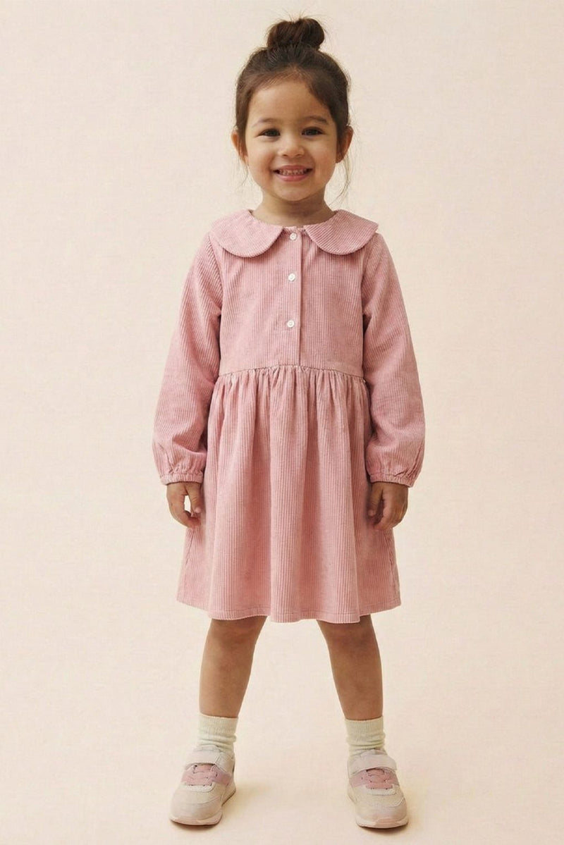 Spunkies Girls Peach Collar Neck Corduroy Rib Solid Dress