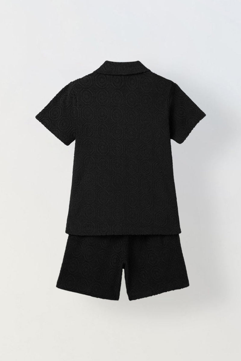 Spunkies Boys Black Cotton Jacquard Polo T-shirt and Shorts Set