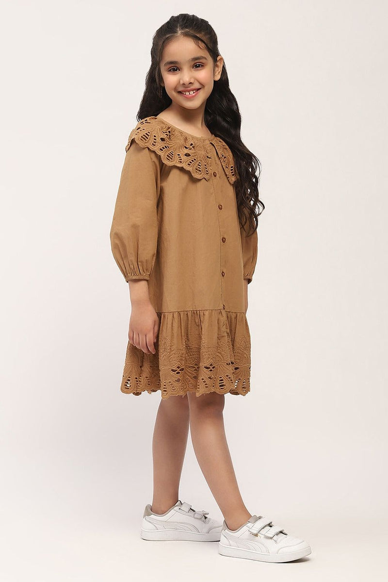 Spunkies Brown Eyelet Lace Ruffle Dress-Girls.