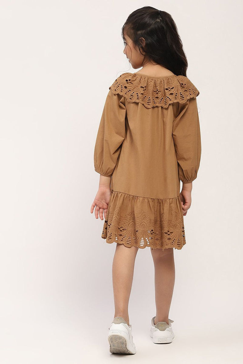 Spunkies Brown Eyelet Lace Ruffle Dress-Girls.