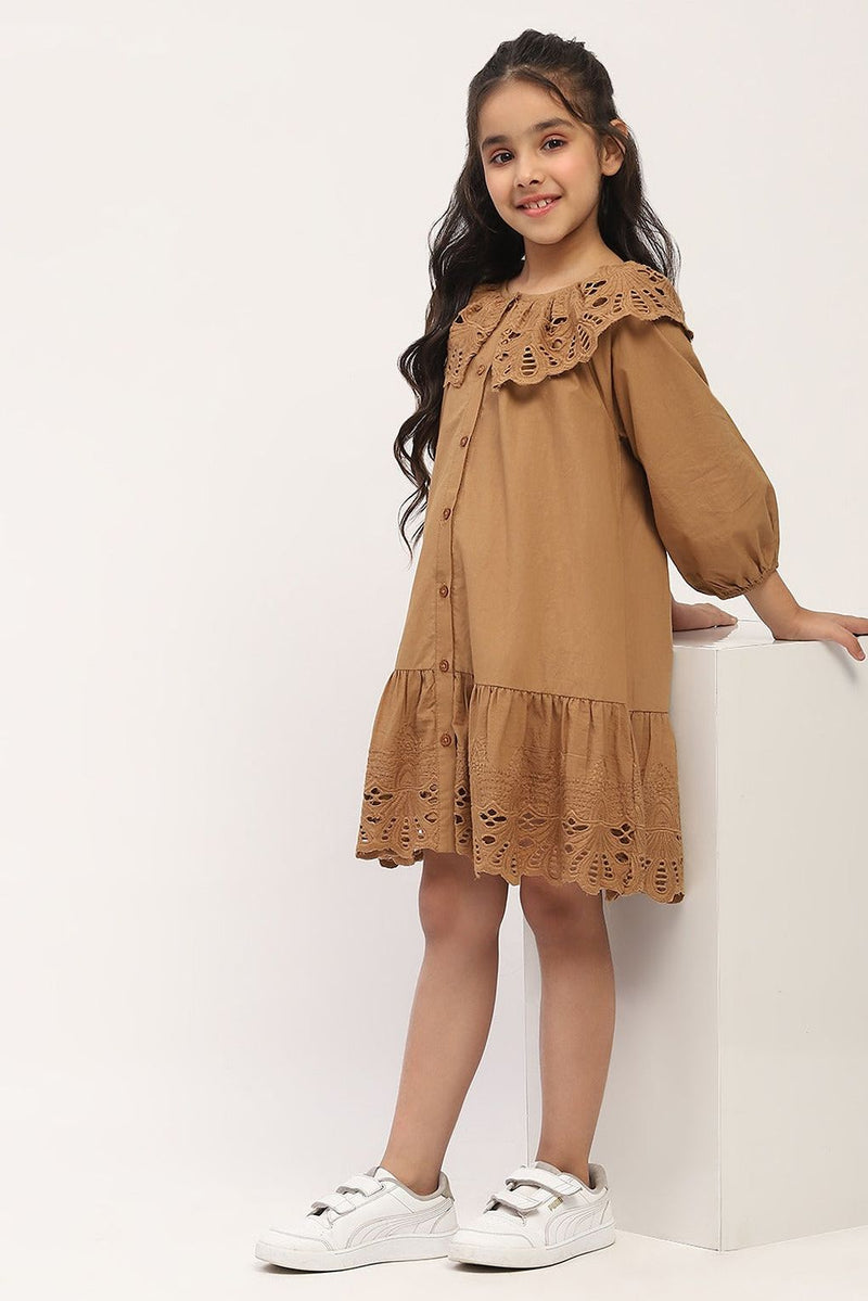 Spunkies Brown Eyelet Lace Ruffle Dress-Girls.