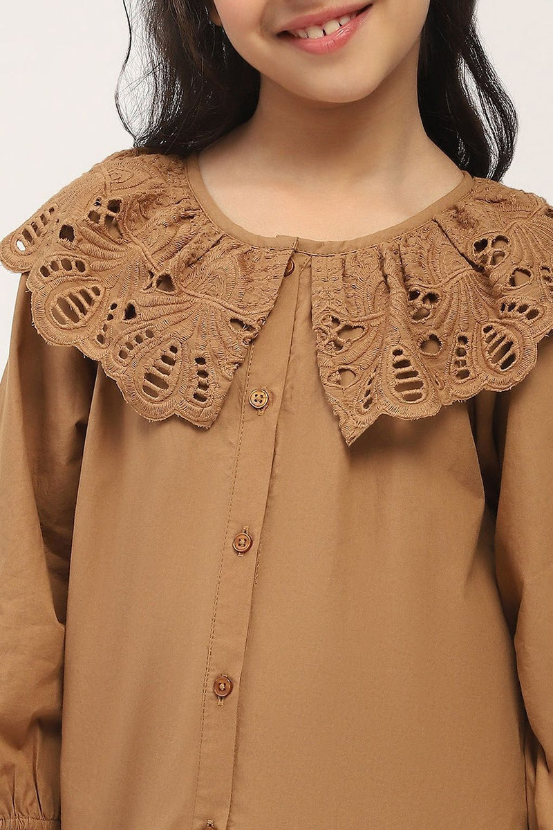 Spunkies Brown Eyelet Lace Ruffle Dress-Girls.