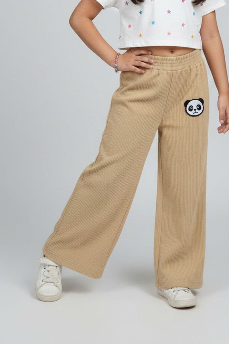 Spunkies Girls Brown Wide-Leg Pants with Panda Patch