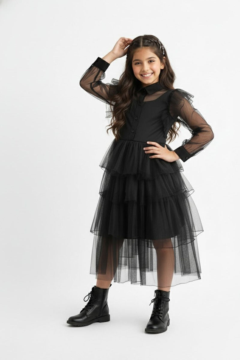 Spunkies Girls Black Mesh Voile Layered Wednesday Dress
