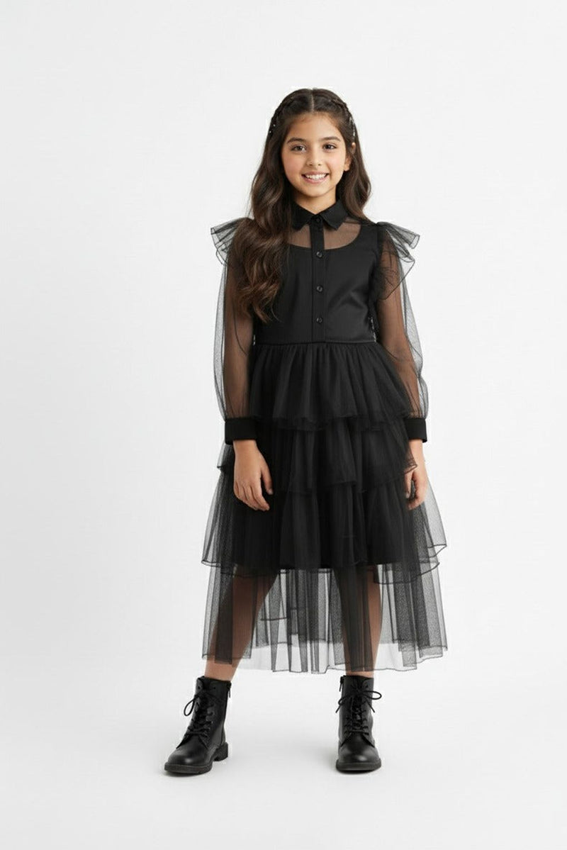 Spunkies Girls Black Mesh Voile Layered Wednesday Dress