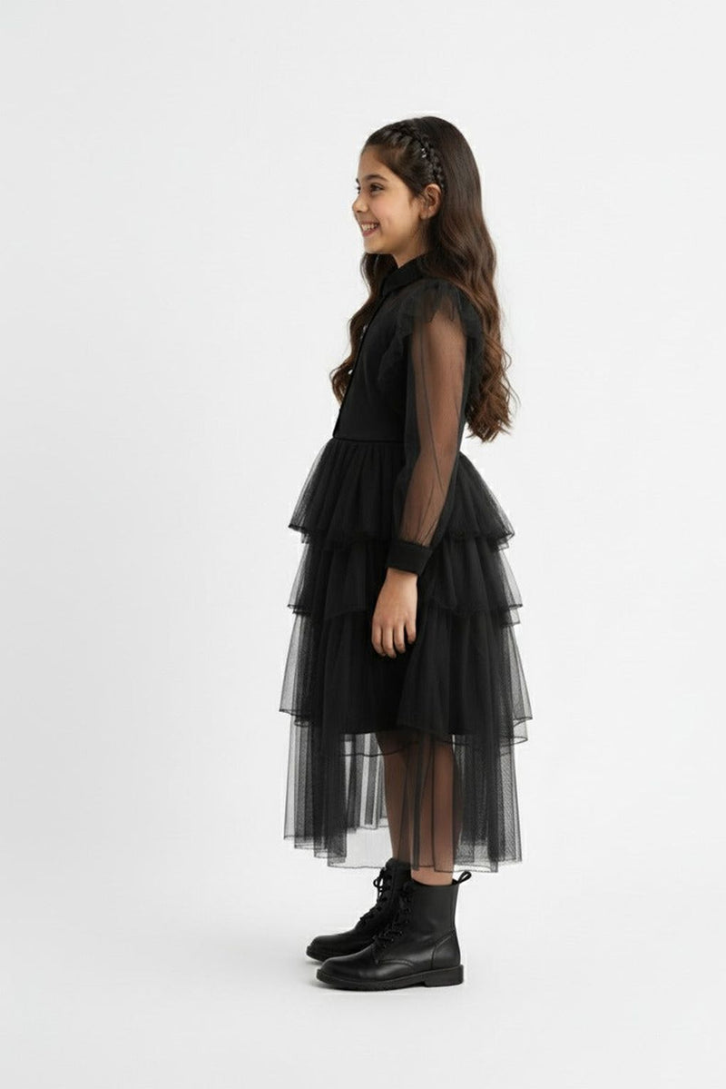 Spunkies Girls Black Mesh Voile Layered Wednesday Dress