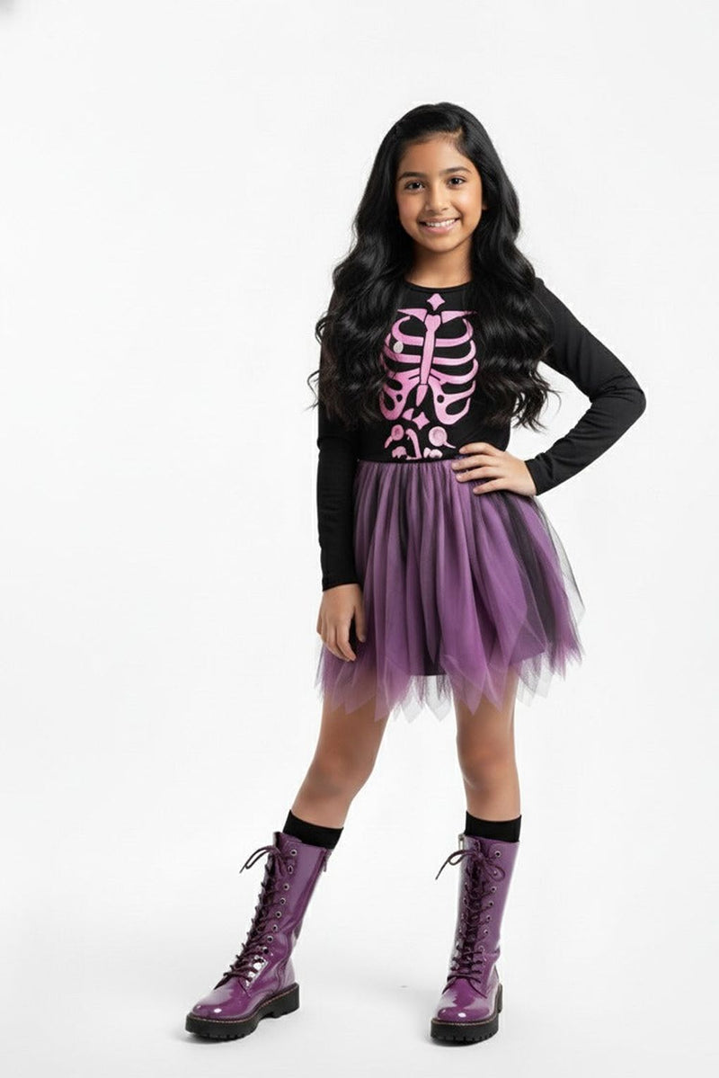 Spunkies Girls Black & Purple Ombre Skeleton Print Dress