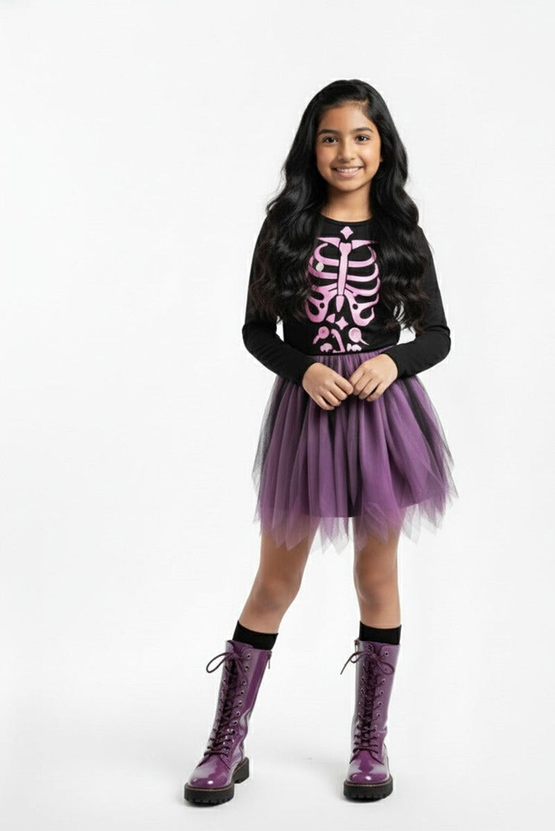 Spunkies Girls Black & Purple Ombre Skeleton Print Dress
