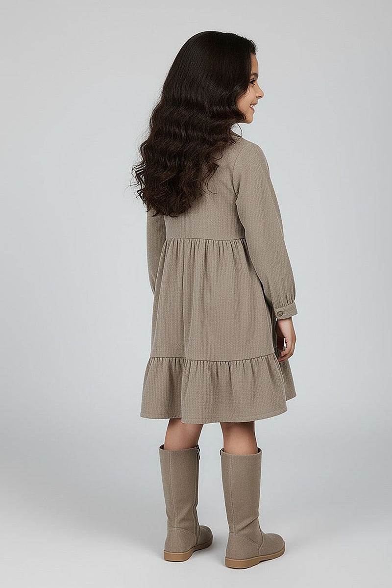 Spunkies Girl's Taupe Corduroy Full Sleeve Tiered Dress