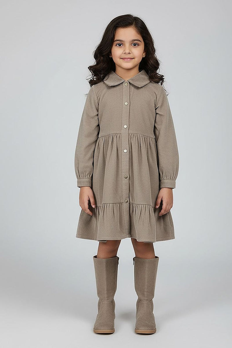 Spunkies Girl's Taupe Corduroy Full Sleeve Tiered Dress