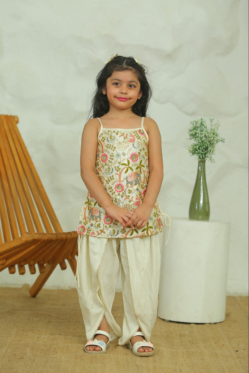 Spunkies Girls Ecru Zari Embroided Ethnic Dhoti Kurta Set