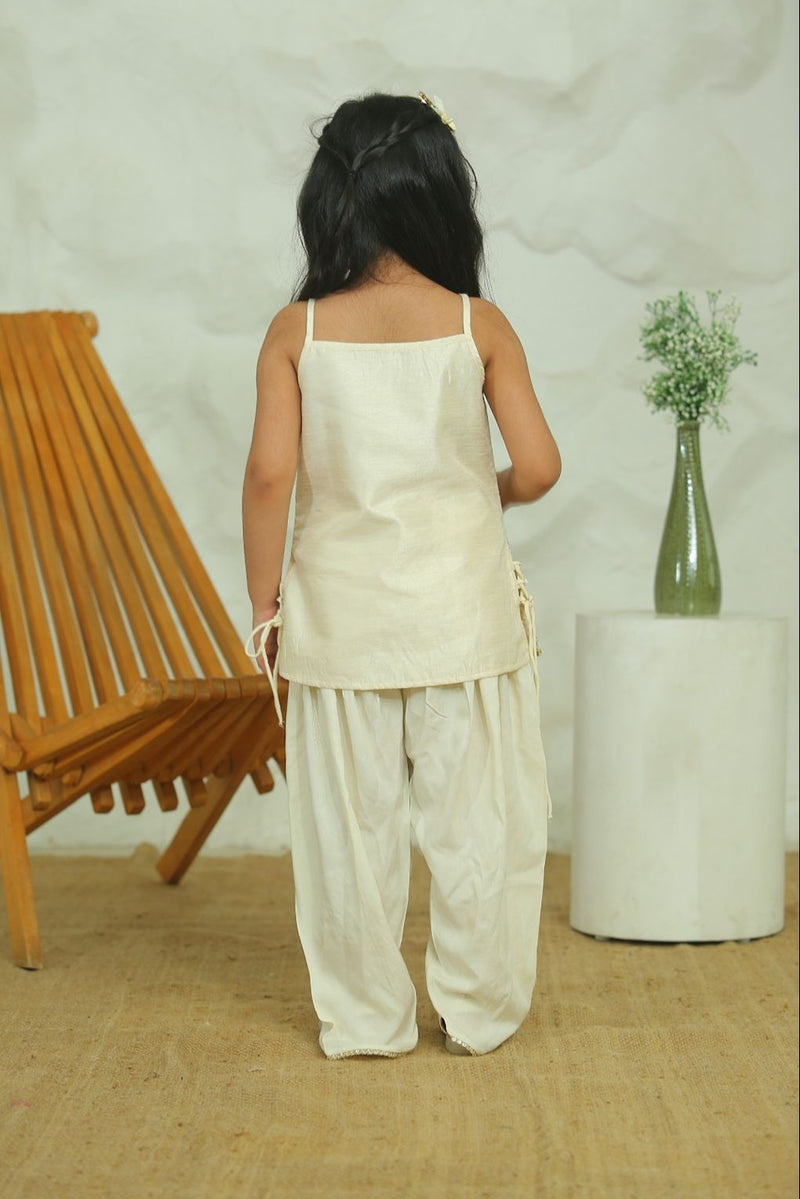 Spunkies Girls Ecru Zari Embroided Ethnic Dhoti Kurta Set