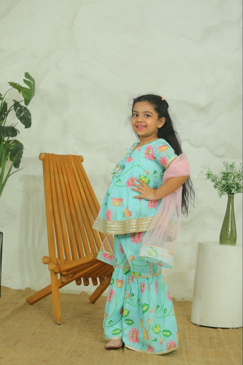 Spunkies Girls Mint Green Floral Kurta Sharara Set with Pink Dupatta