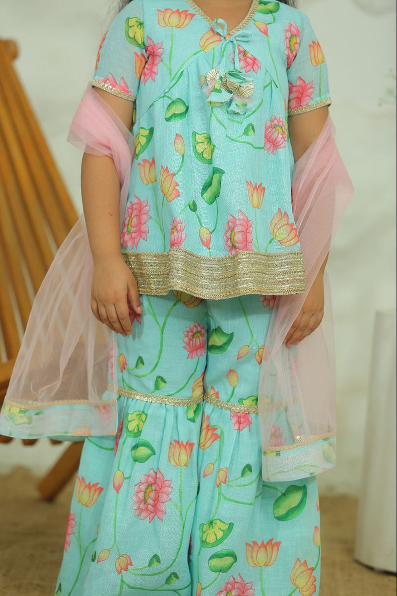 Spunkies Girls Mint Green Floral Kurta Sharara Set with Pink Dupatta
