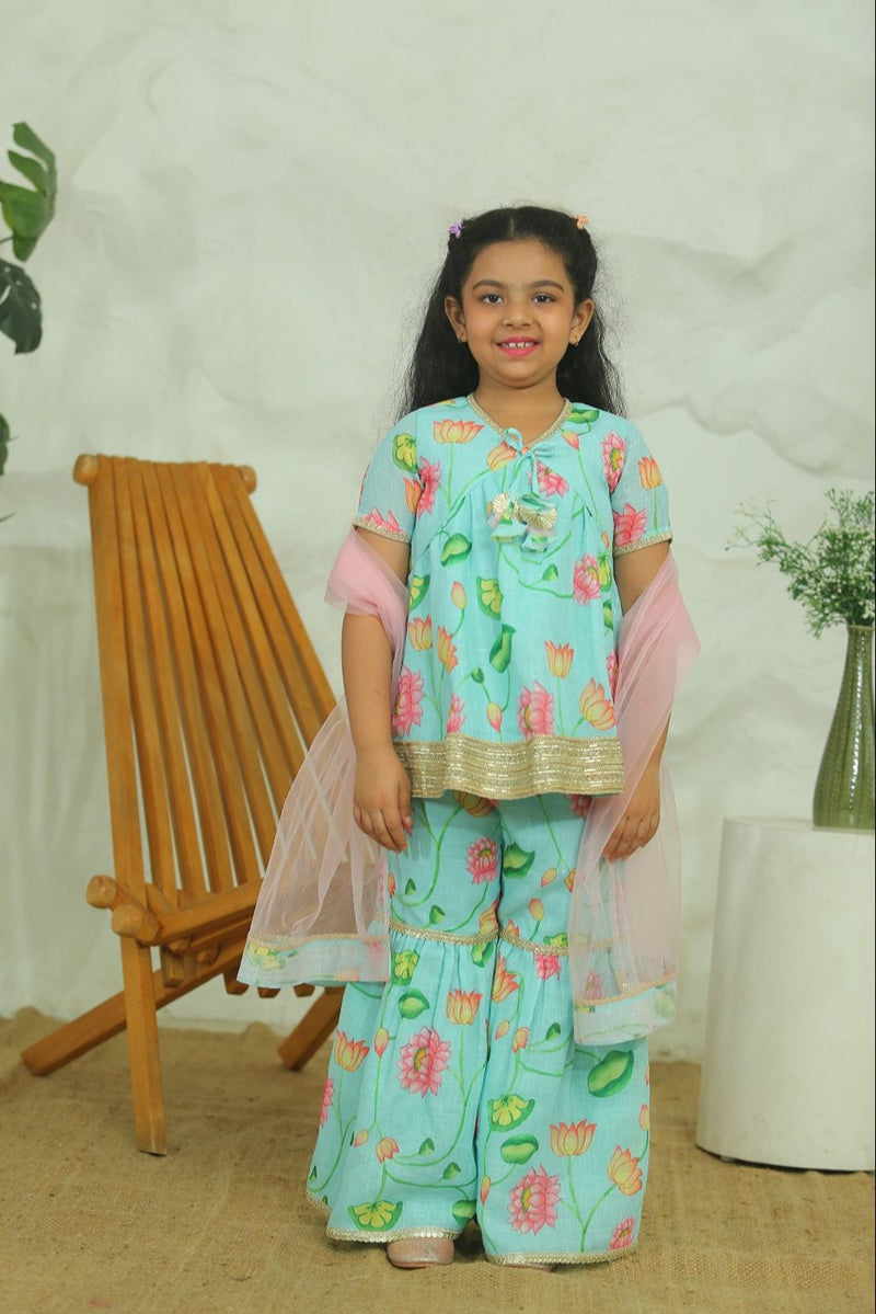 Spunkies Girls Mint Green Floral Kurta Sharara Set with Pink Dupatta
