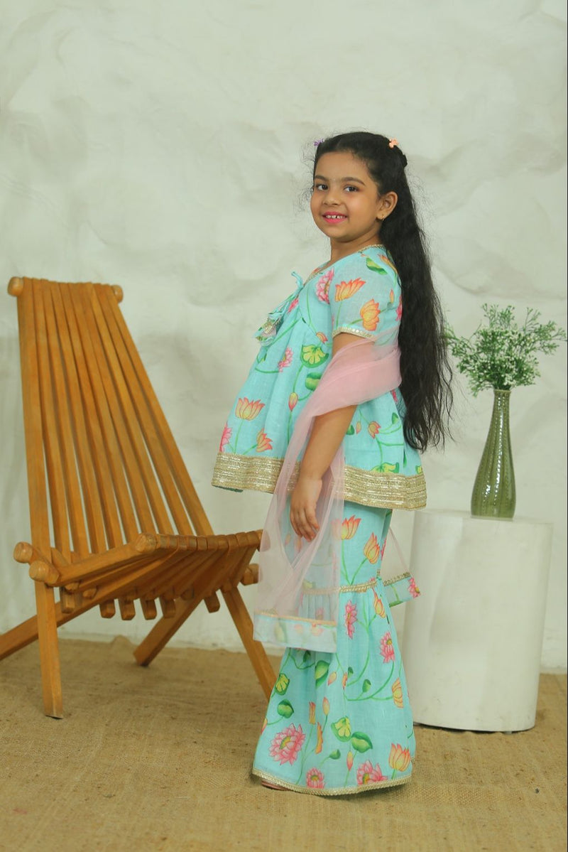 Spunkies Girls Mint Green Floral Kurta Sharara Set with Pink Dupatta