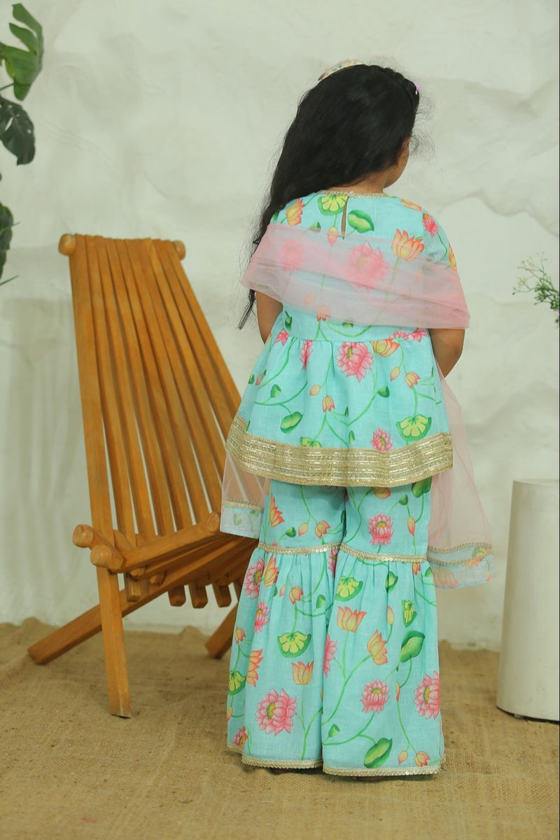 Spunkies Girls Mint Green Floral Kurta Sharara Set with Pink Dupatta