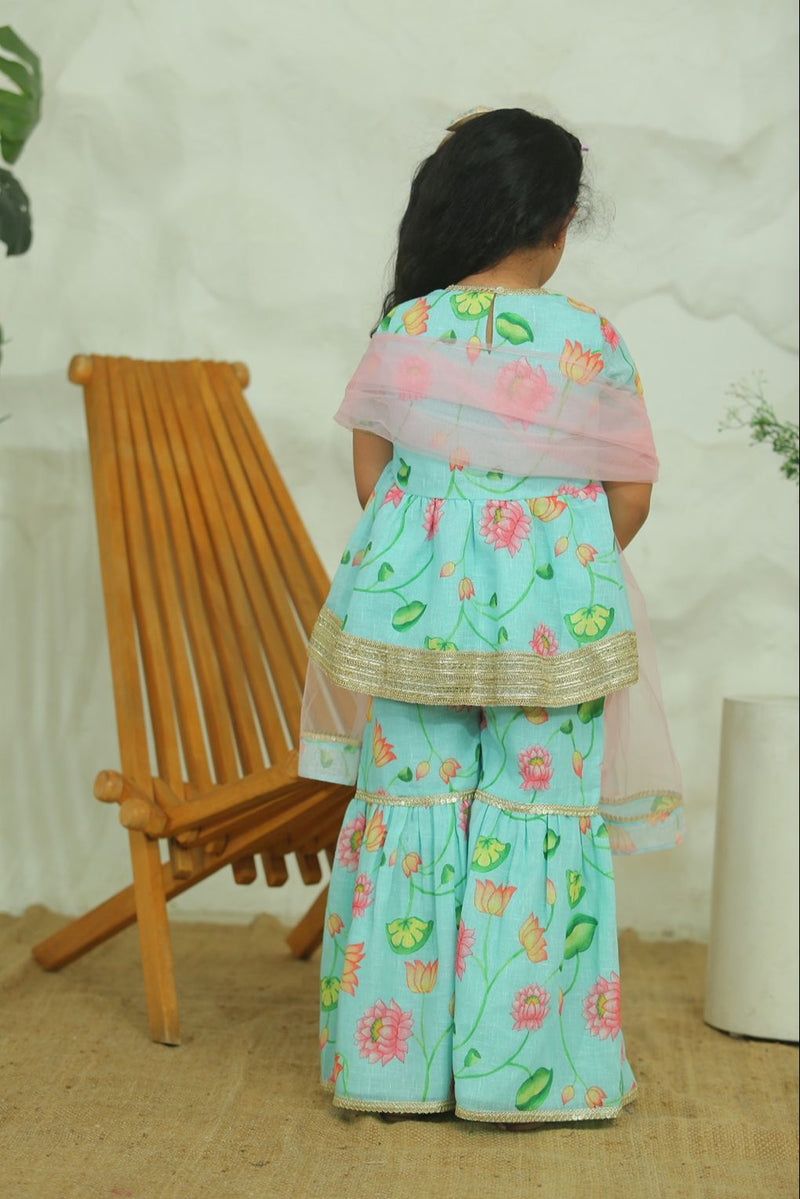 Spunkies Girls Mint Green Floral Kurta Sharara Set with Pink Dupatta
