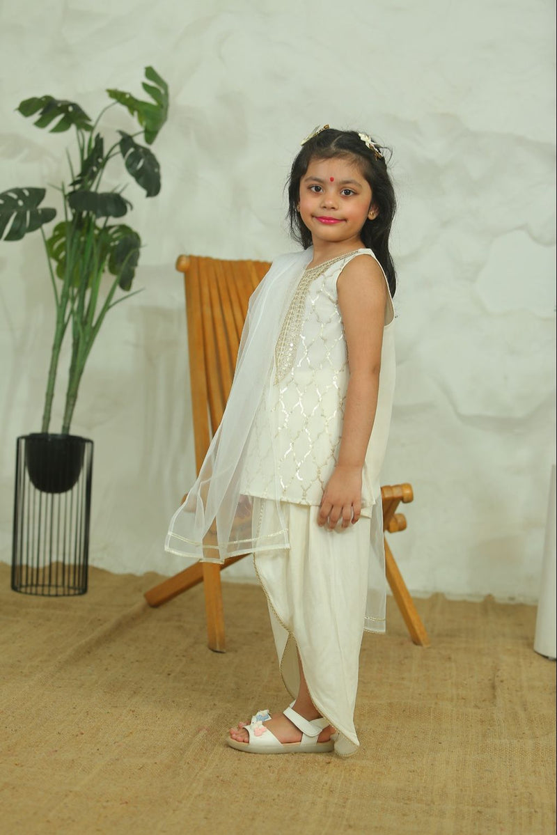 Spunkies Girls Ecru Sequin Ethnic Dhoti Kurta Set