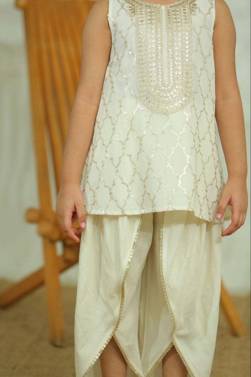 Spunkies Girls Ecru Sequin Ethnic Dhoti Kurta Set