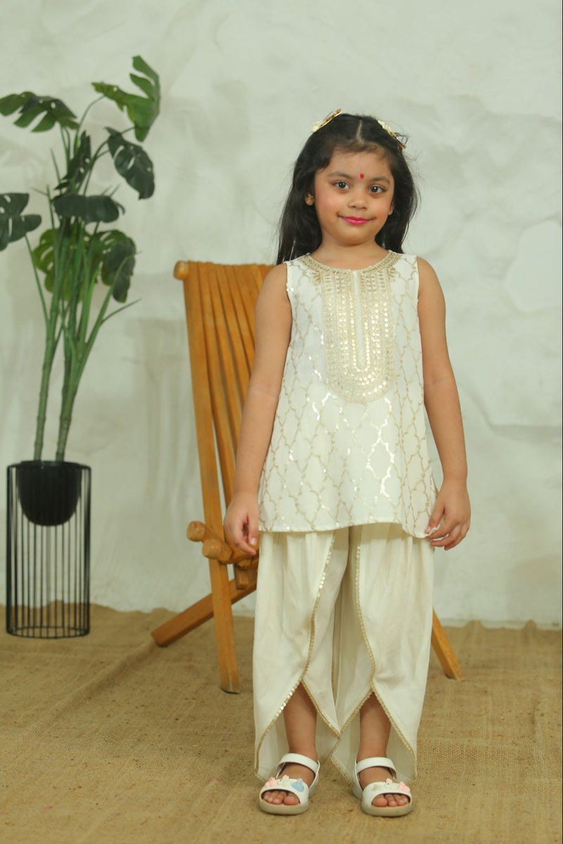 Spunkies Girls Ecru Sequin Ethnic Dhoti Kurta Set