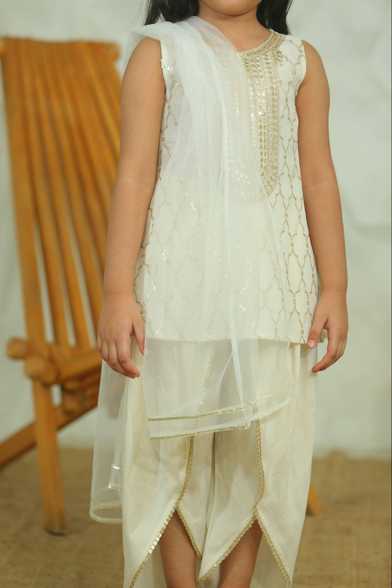 Spunkies Girls Ecru Sequin Ethnic Dhoti Kurta Set