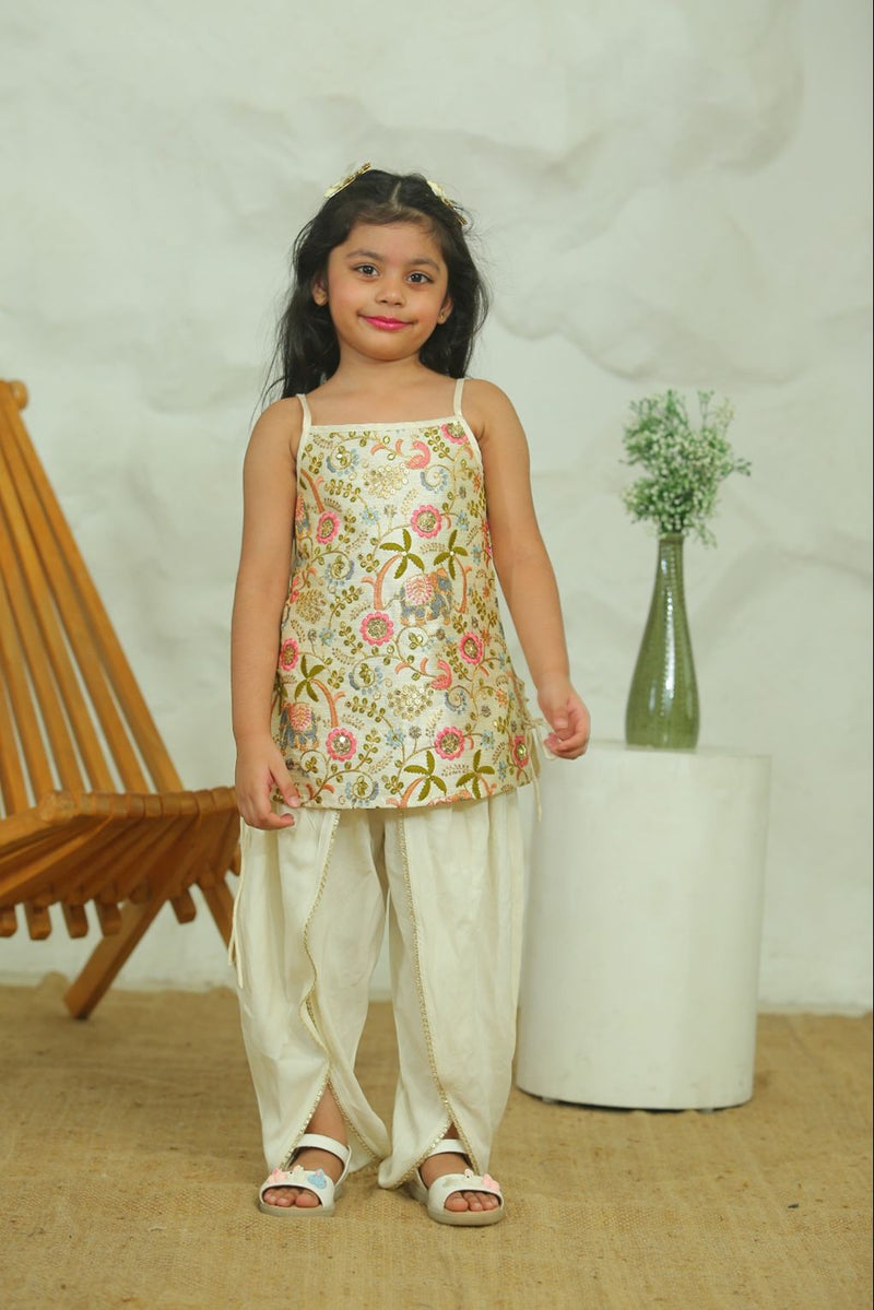 Spunkies Girls Ecru Zari Embroided Ethnic Dhoti Kurta Set