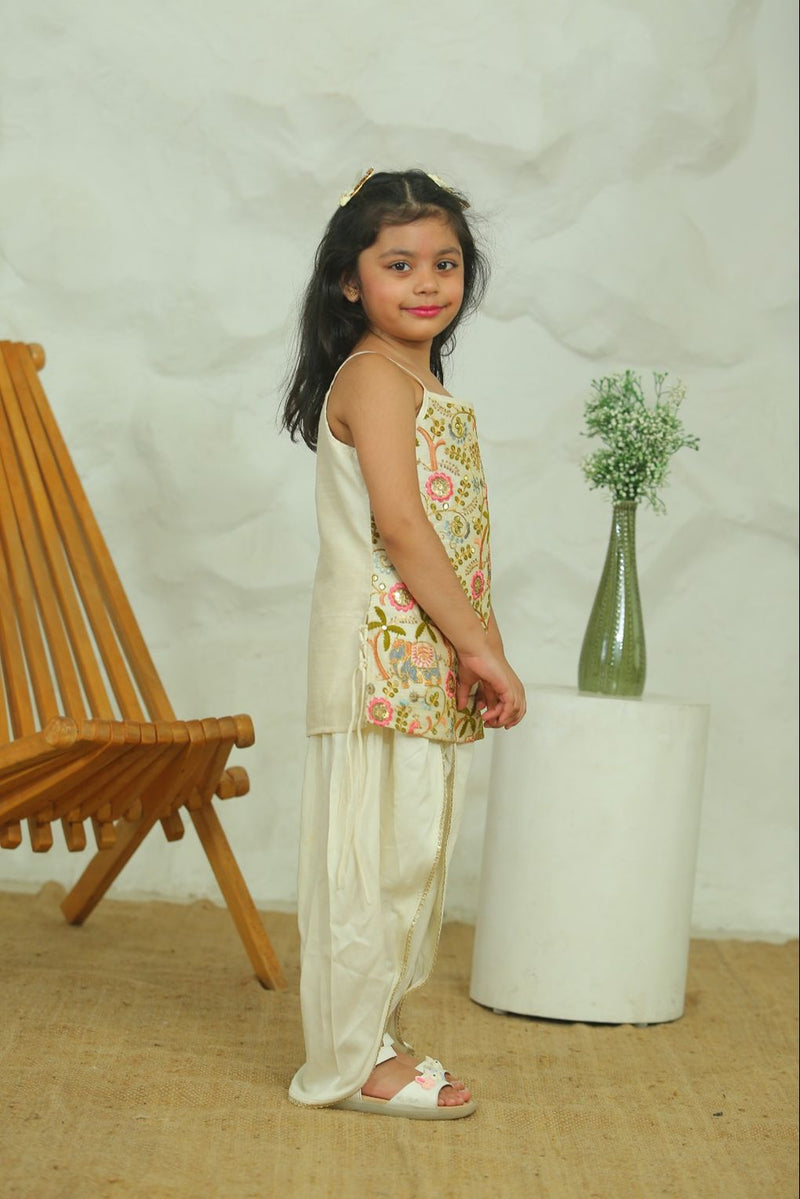 Spunkies Girls Ecru Zari Embroided Ethnic Dhoti Kurta Set