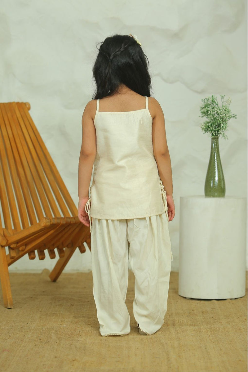 Spunkies Girls Ecru Zari Embroided Ethnic Dhoti Kurta Set