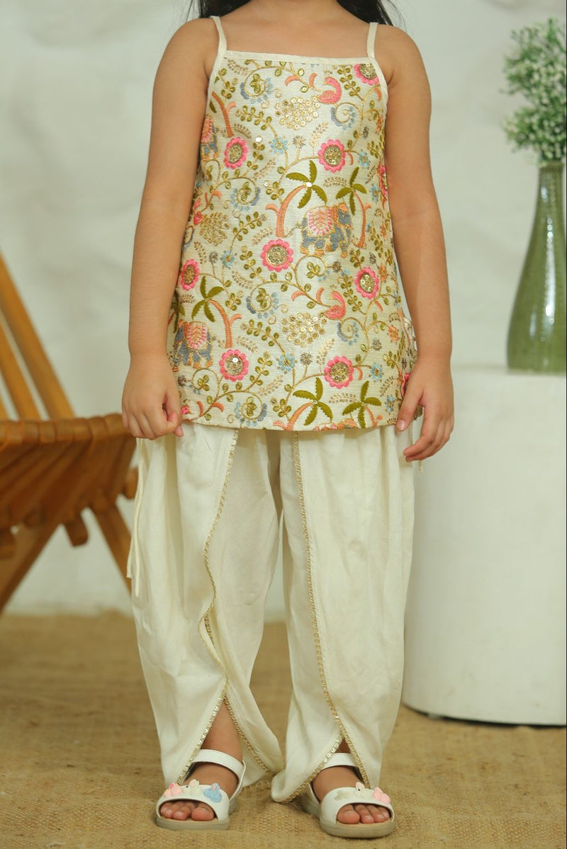 Spunkies Girls Ecru Zari Embroided Ethnic Dhoti Kurta Set