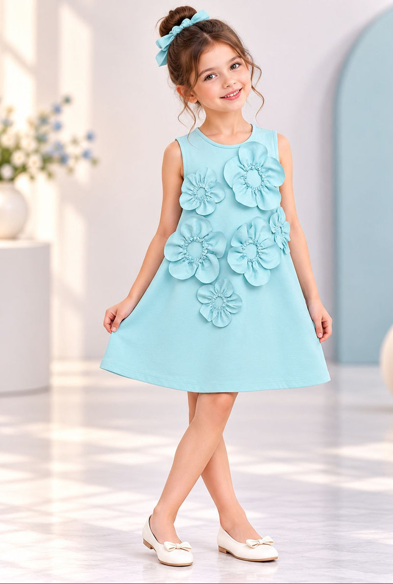 Spunkies Aqua Sleeveless 3D Floral Dress