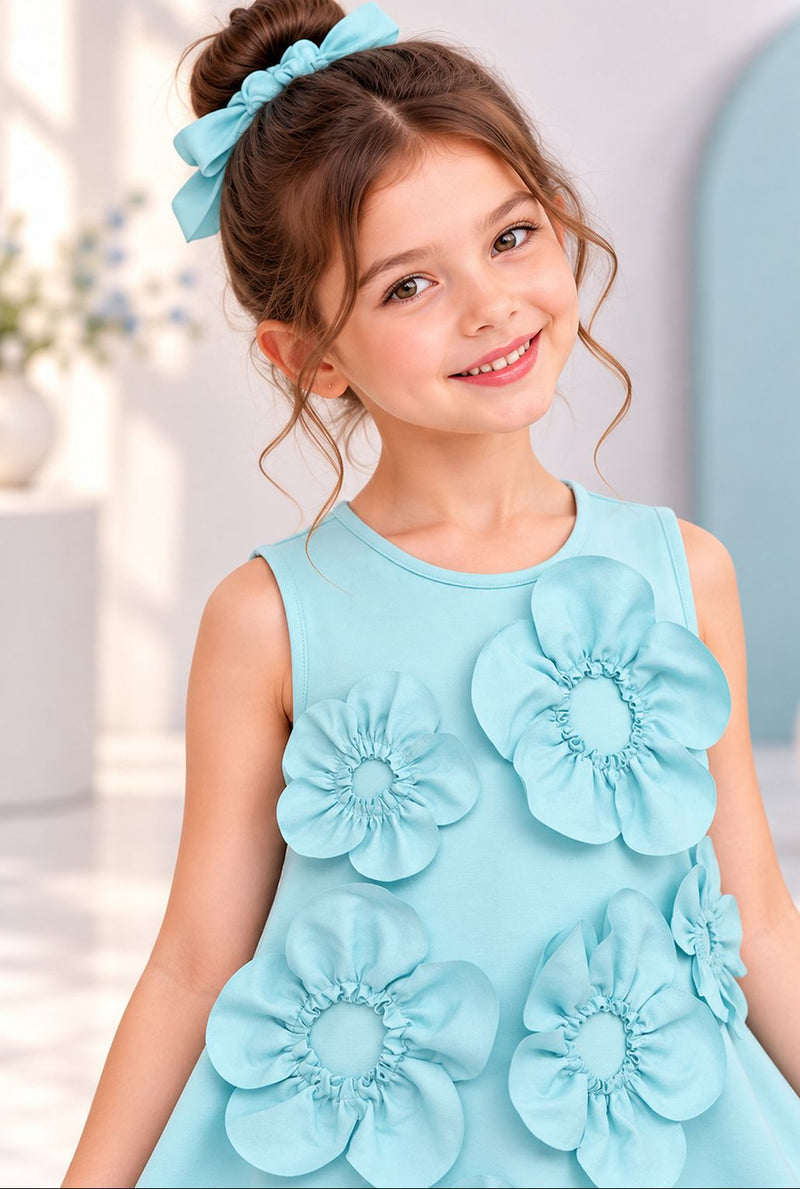 Spunkies Aqua Sleeveless 3D Floral Dress