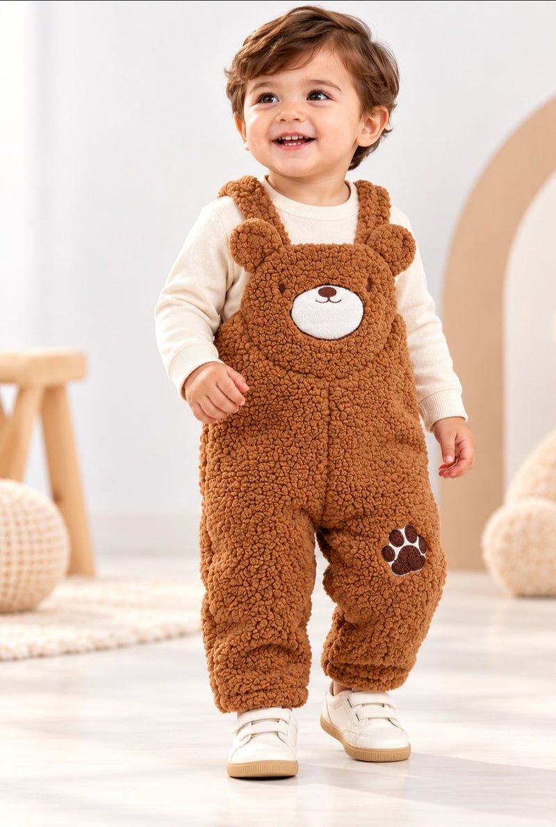 Spunkies Infant Fuzzy Bear Overalls Romper with Ear Detail - Soft & Cozy Animal Outfit