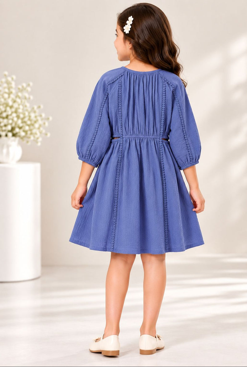 Spunkies Blue Cotton Round Neck Solid Dress For Girls