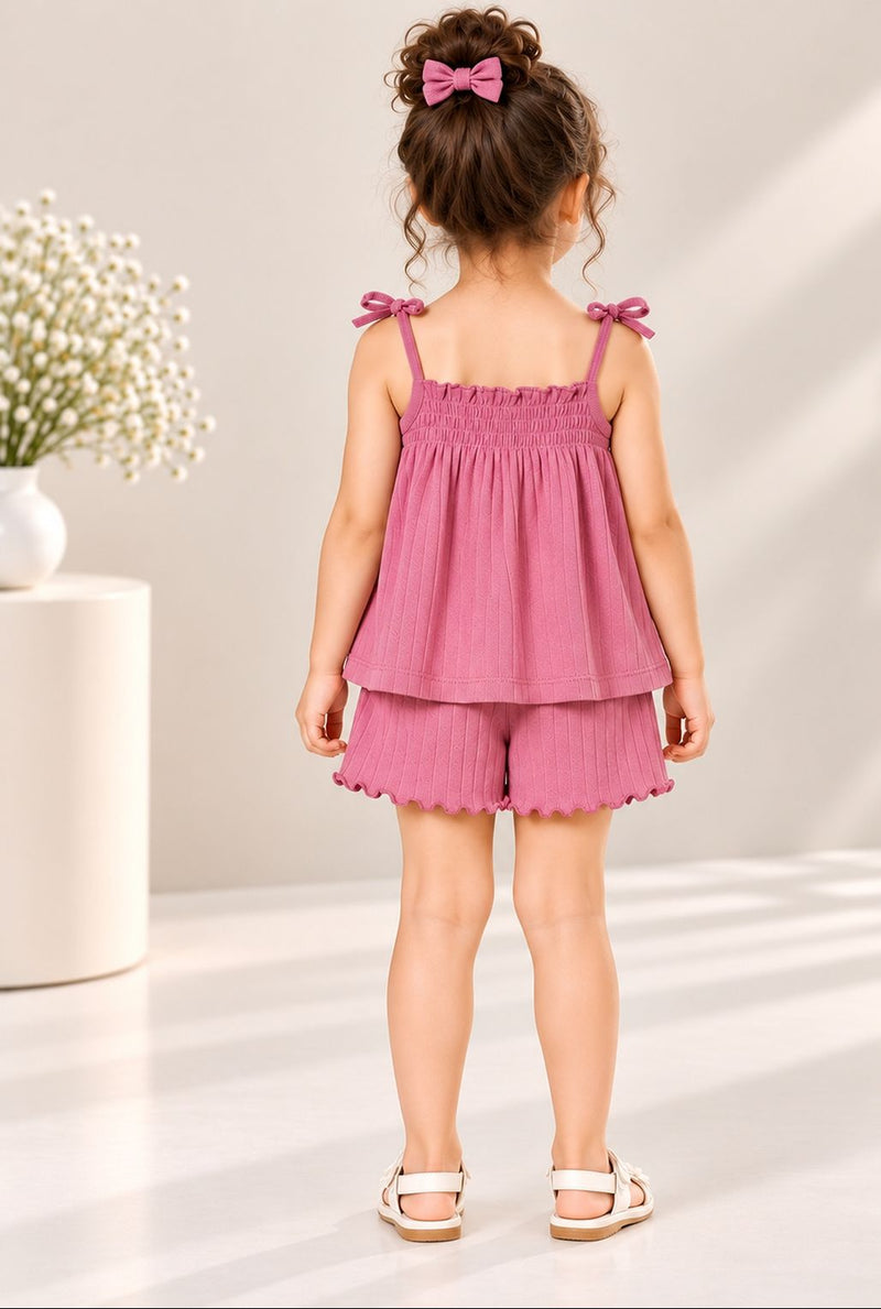 Spunkies Girls Pink Smocked Shoulder Straps Sleeveless Top and Shorts Set