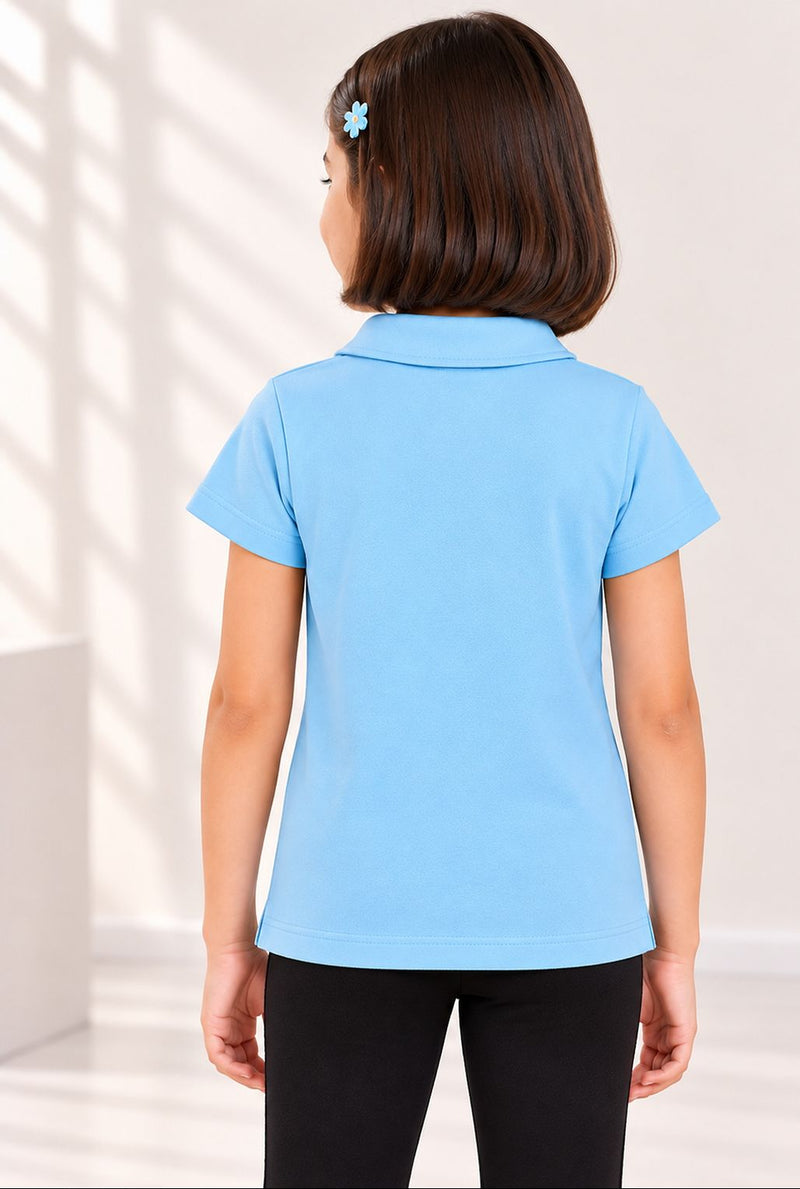 Spunkies Aqua Girls Solid Peter Pan Collar Short Sleeves Polo T-Shirt