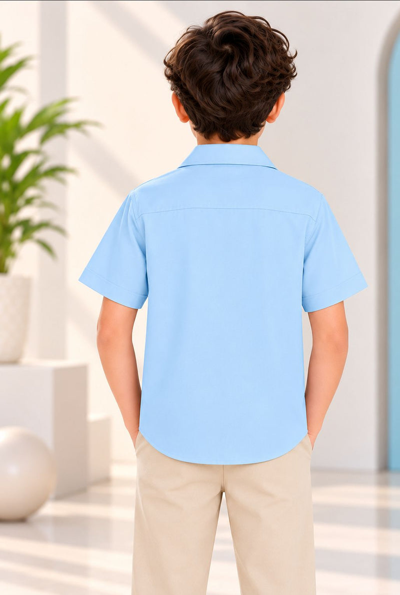 Spunkies Light Blue Boys Graphic Print Cuban Collar Short Sleeves Shirt