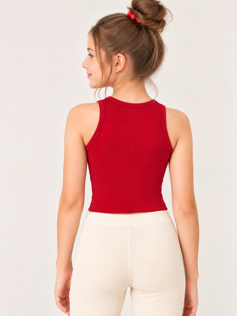 Spunkies Red Girls Solid Round Neck Sleeveless Tank Top