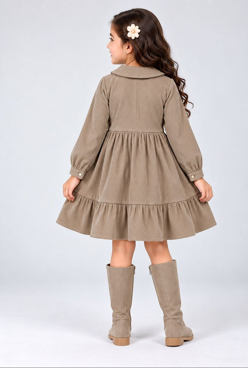 Spunkies Girl's Taupe Corduroy Full Sleeve Tiered Dress