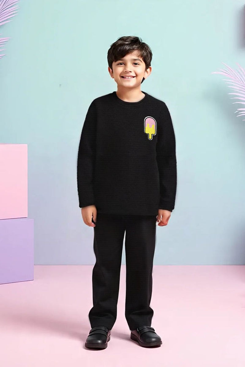 Spunkies Boy Black Waffle Knit Popsicle Patch Top with Bottom Set