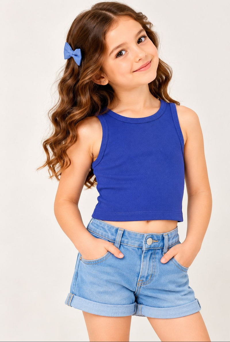 Spunkies Royal Blue Girls Solid Round Neck Sleeveless Tank Top