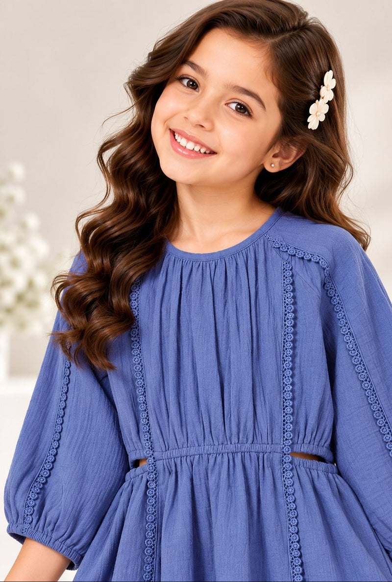 Spunkies Blue Cotton Round Neck Solid Dress For Girls