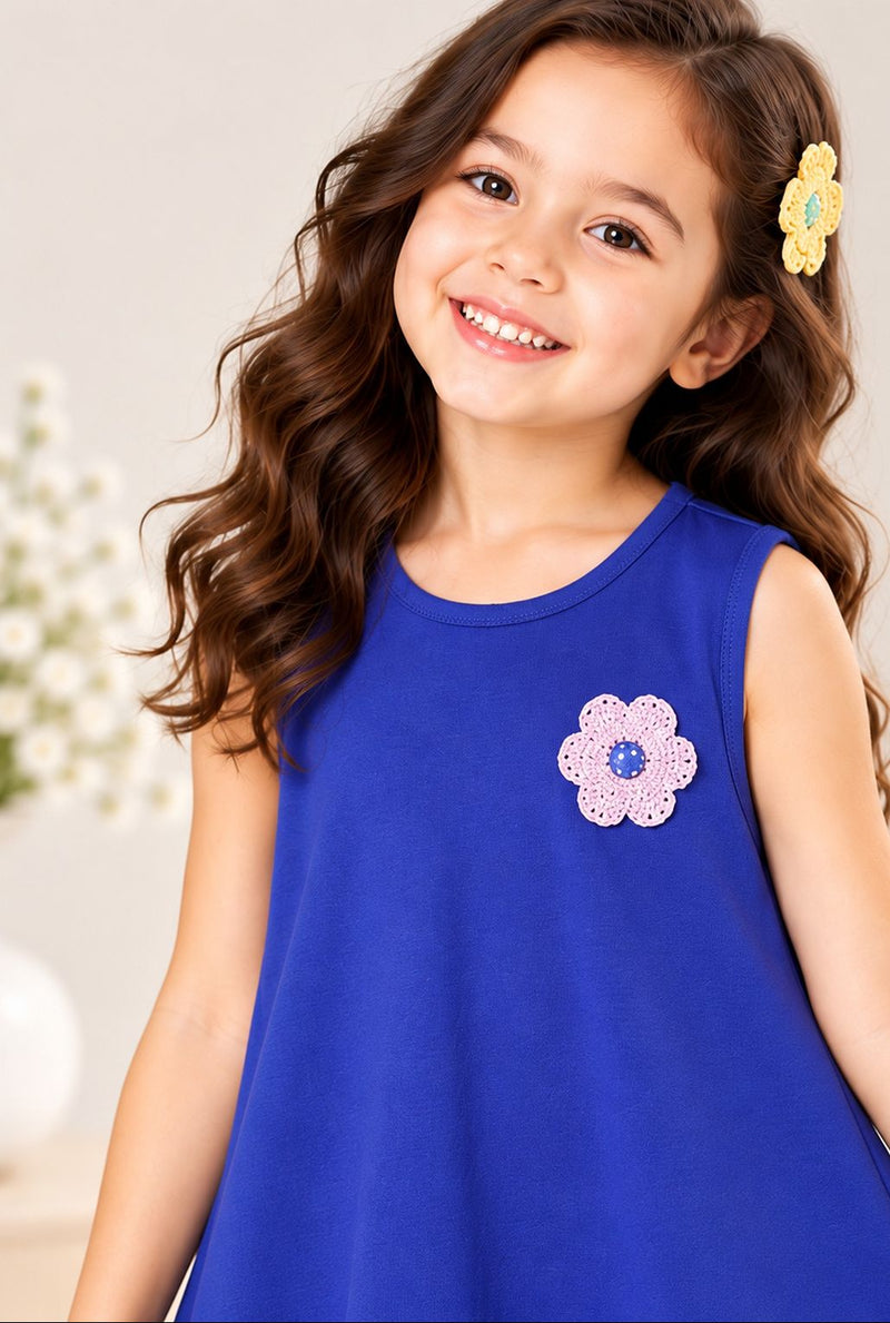 Spunkies Blue Girls Crochet Floral Round Neck Sleeveless A-Line Dress