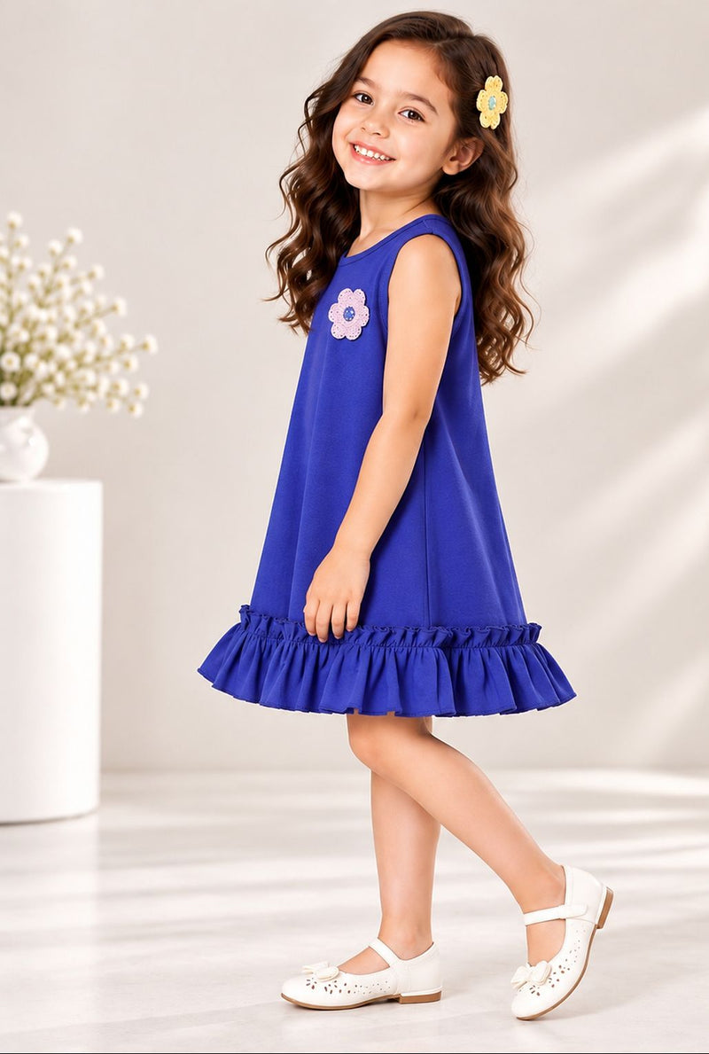 Spunkies Blue Girls Crochet Floral Round Neck Sleeveless A-Line Dress