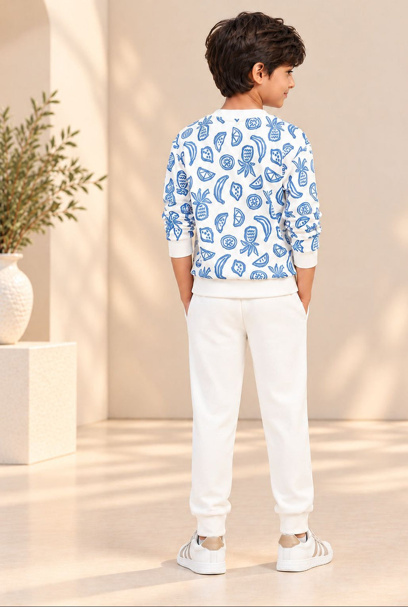 Spunkies Boys White Long Sleeve Printed Sweatshirt Set