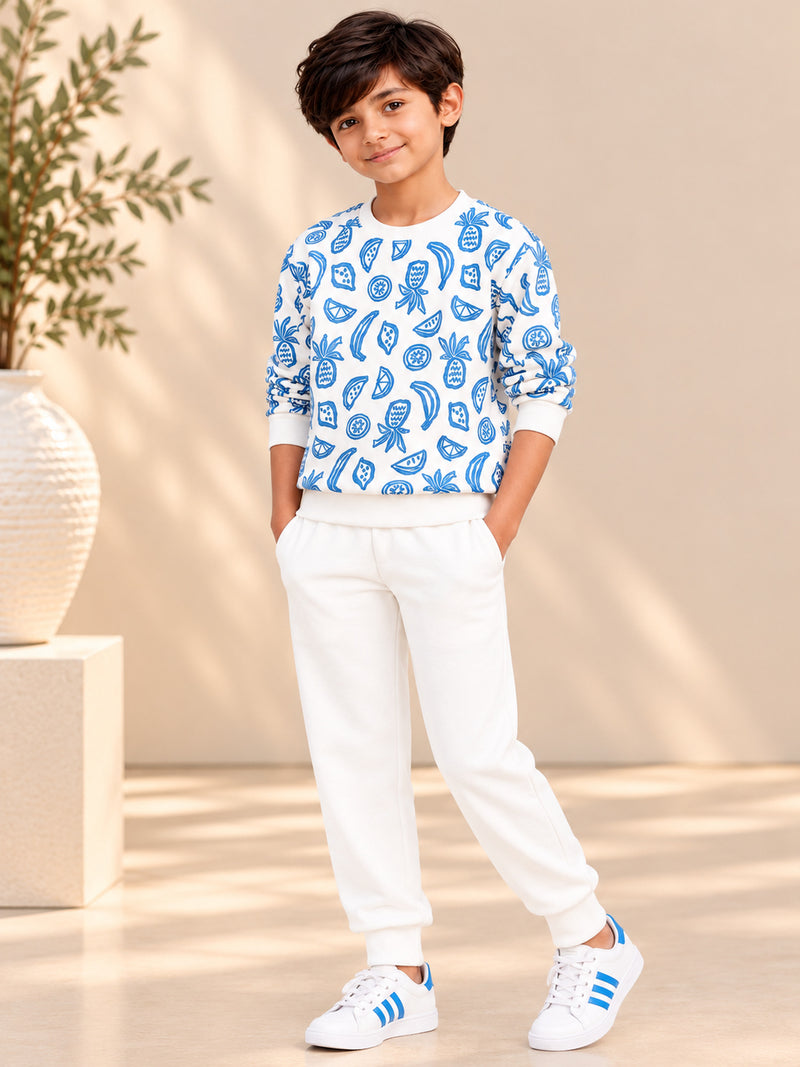 Spunkies Boys White Long Sleeve Printed Sweatshirt Set
