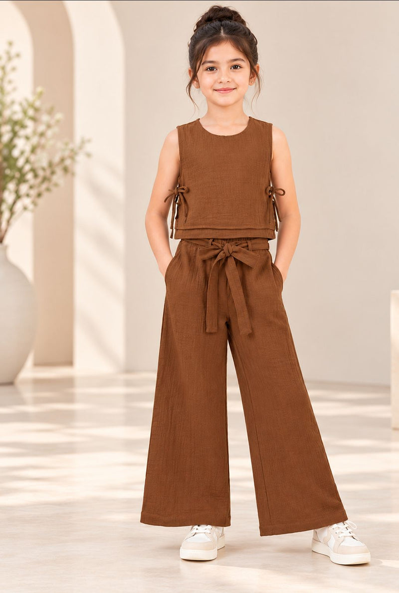 Spunkies Girls Brown Crochet Sleeveless Co-Ord Set